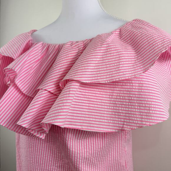 Lilly Pulitzer Seersucker Trixie One Shoulder Ruffle Top XS Pink & White Stripe - Picture 5 of 14